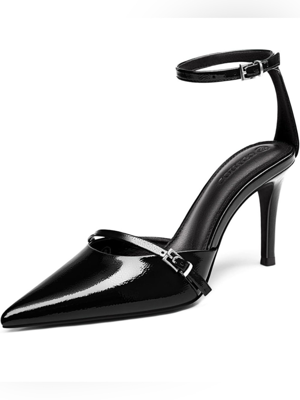 Coutgo Women’s Black Patent Pointed-Toe Ankle-Strap Pumps - US Size 9.5